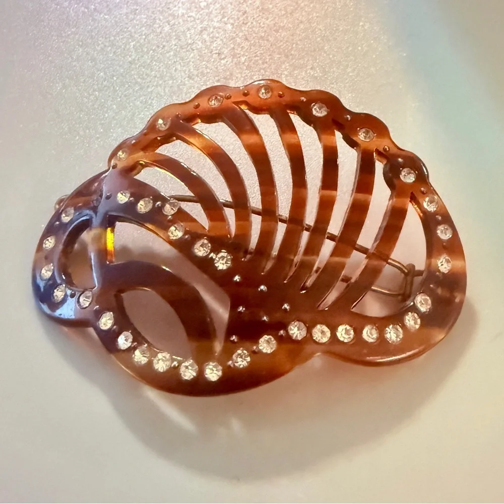 1960’s Tortoiseshell French Rhinestone Barrette, Handmade‎ in Paris, Deadstock